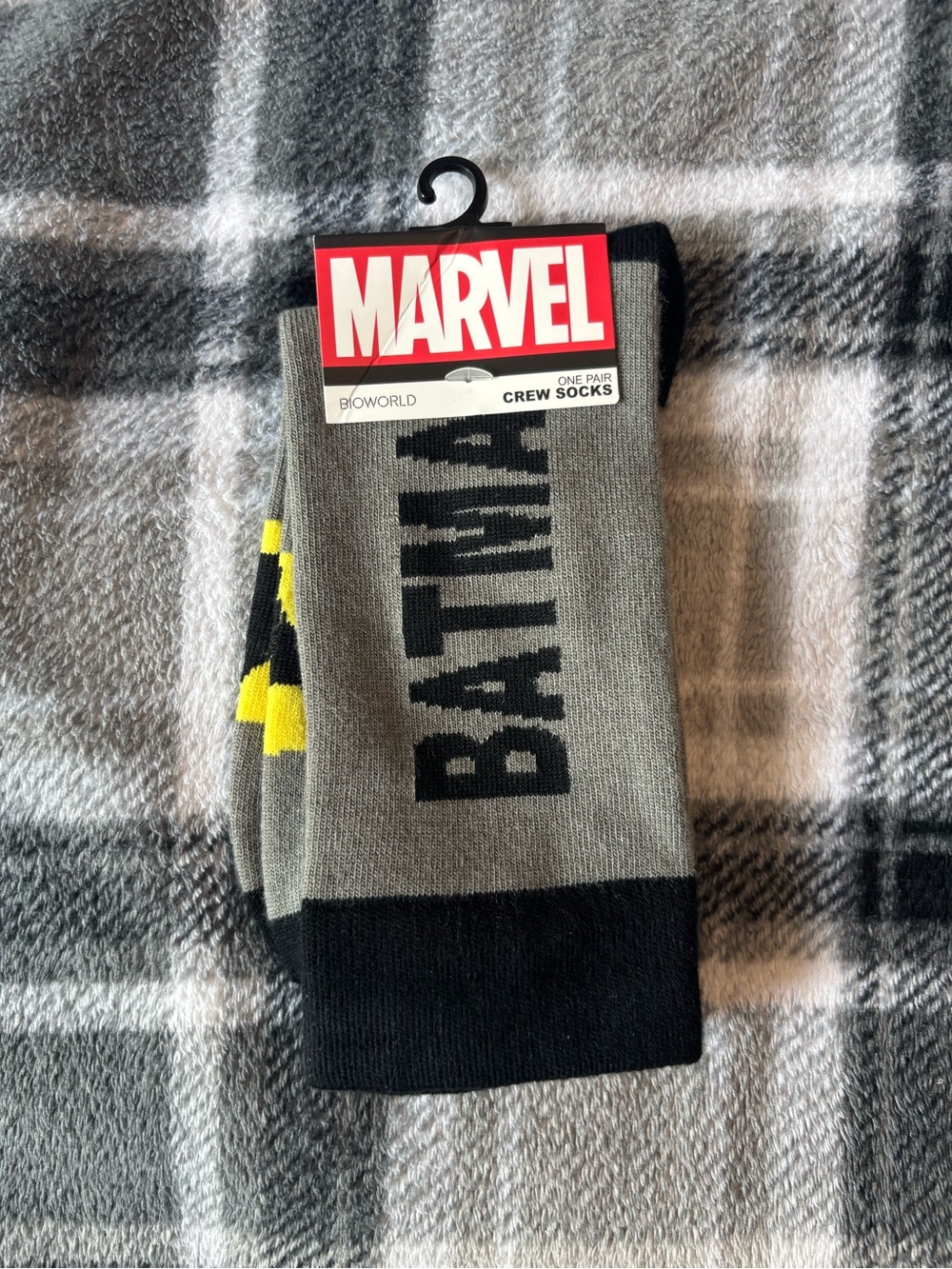 Marvel Batman Grey Black Crew Socks with Yellow Accent